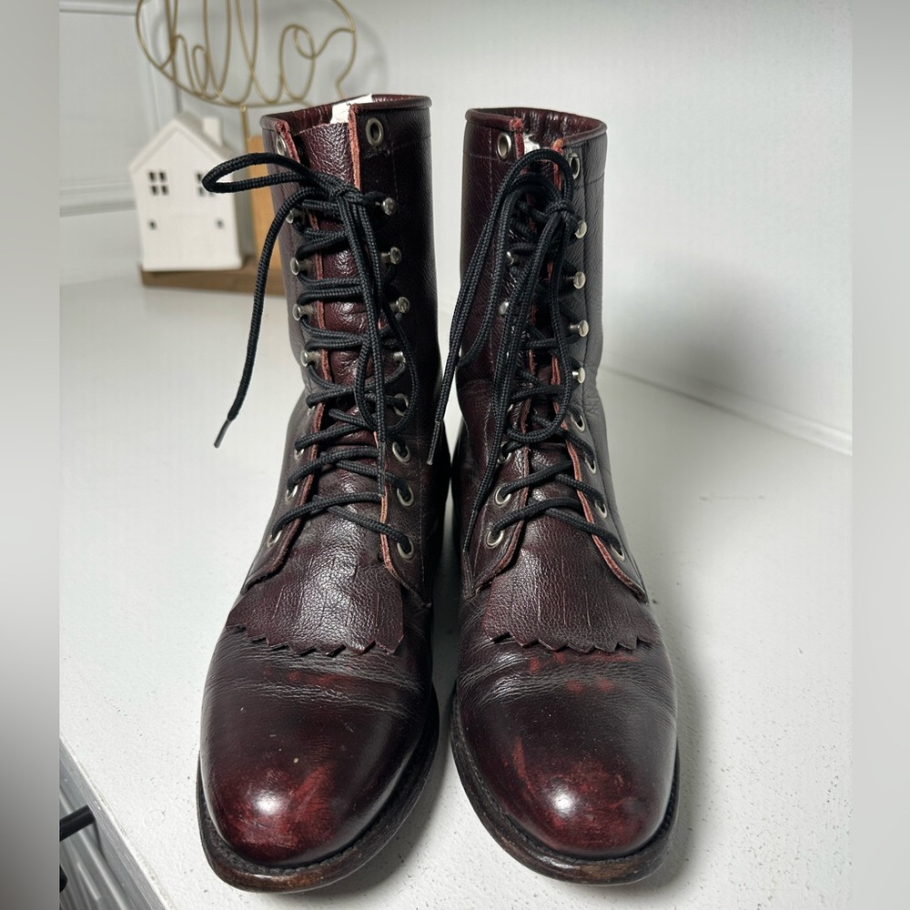 Justin Vintage Kiltie Lace-Up Boots Women’s 6.5B Burgundy Brown Leather USA - Picture 2 of 9